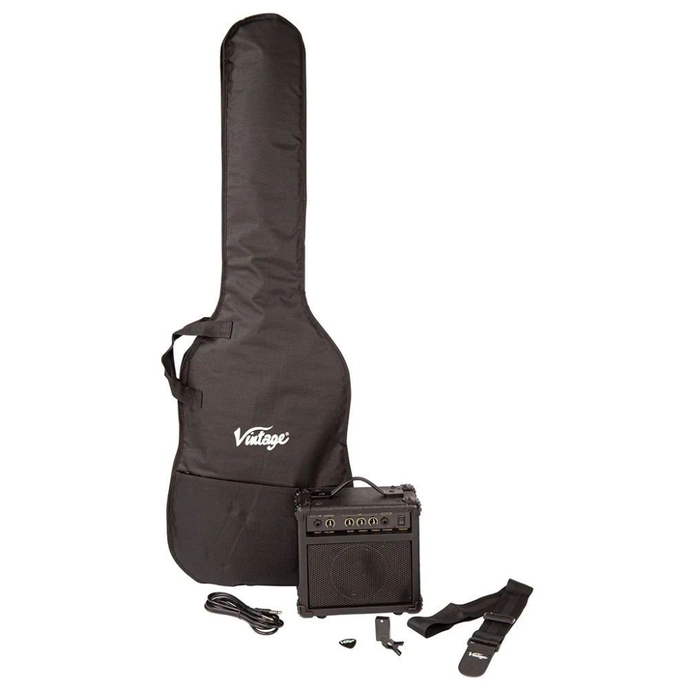 Vintage V495 Coaster 5 String Bass Guitar Pack - Gloss Black - Image 2